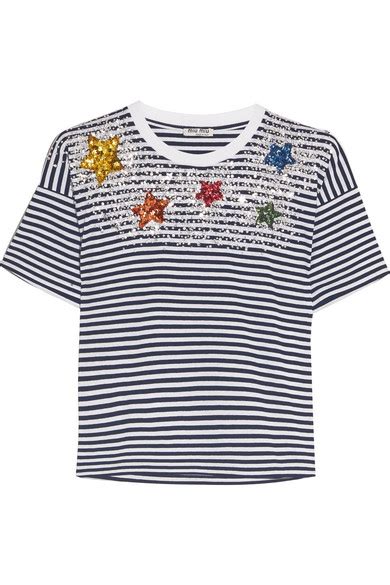 miu miu embellished striped cotton-jersey t-shirt|Miu Miu Striped Cotton T.